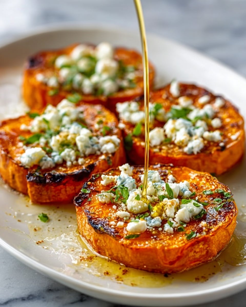 The image shows three round slices of roasted sweet potato on a white plate, each topped with a layer of white crumbled cheese and chopped green herbs. Thin streams of golden oil are being poured over the slices, adding a shiny texture. The sweet potatoes have a slightly crispy, caramelized orange surface with some darker roasted spots. The cheese crumbs are scattered unevenly, providing contrast with their soft, crumbly texture, while the herbs add small green touches. The plate is on a white marbled surface. Photo taken with an iphone --ar 4:5 --v 7