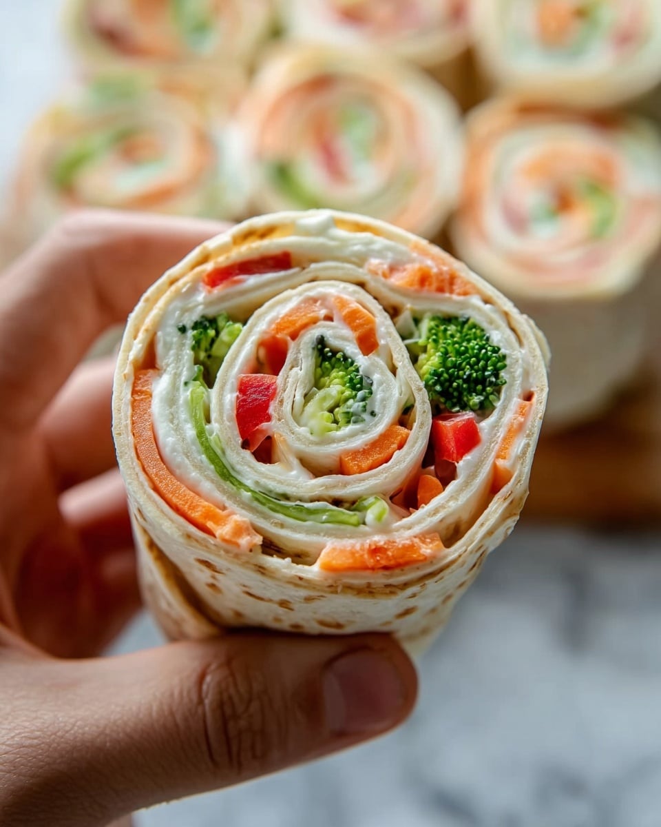 The image shows six tortilla pinwheel slices arranged closely on a wooden board. Each slice has three layers: a light beige tortilla wrap on the outside, a thick white cream cheese layer inside, and mixed colorful vegetables embedded within, including bright orange carrot strips, green broccoli florets, and small pieces of red bell pepper and purple onion scattered evenly throughout. The pinwheels reveal a spiral pattern of the layers, highlighting the creamy and fresh vegetable textures. The background is a white marbled texture. Photo taken with an iphone --ar 4:5 --v 7