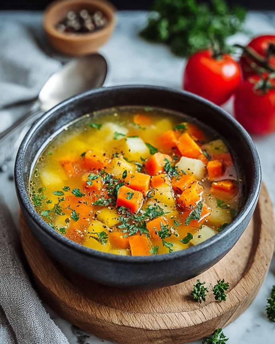 A dark gray bowl filled with clear yellow broth layered with small cubes of orange carrots, yellow carrots, and white potatoes, all topped with chopped green herbs and scattered black pepper. The bowl sits on a round wooden board on a white marbled surface, with a silver spoon placed next to a folded light gray cloth. In the background, there are three whole red tomatoes and some green leafy herbs slightly out of focus. Photo taken with an iphone --ar 4:5 --v 7