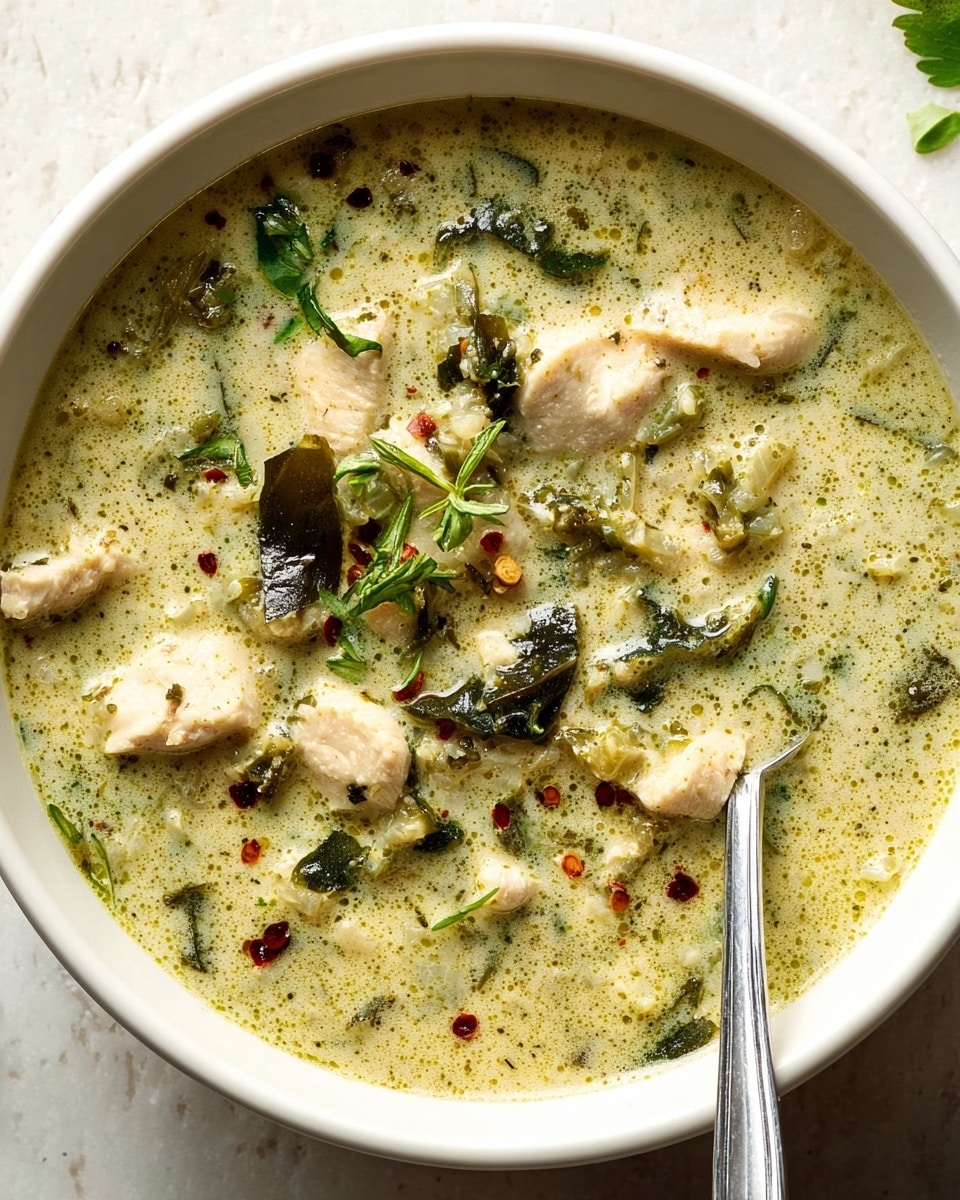 A white bowl filled with creamy green soup that has a thick texture, showing pieces of white chicken chunks and dark green leafy bits mixed throughout. The soup has a light green color with visible specks of black pepper and red chili flakes scattered on top, along with small sprigs of green herbs as garnish. A silver spoon rests inside the bowl, placed on the right side, with the bowl set on a white marbled textured surface. Photo taken with an iphone --ar 4:5 --v 7