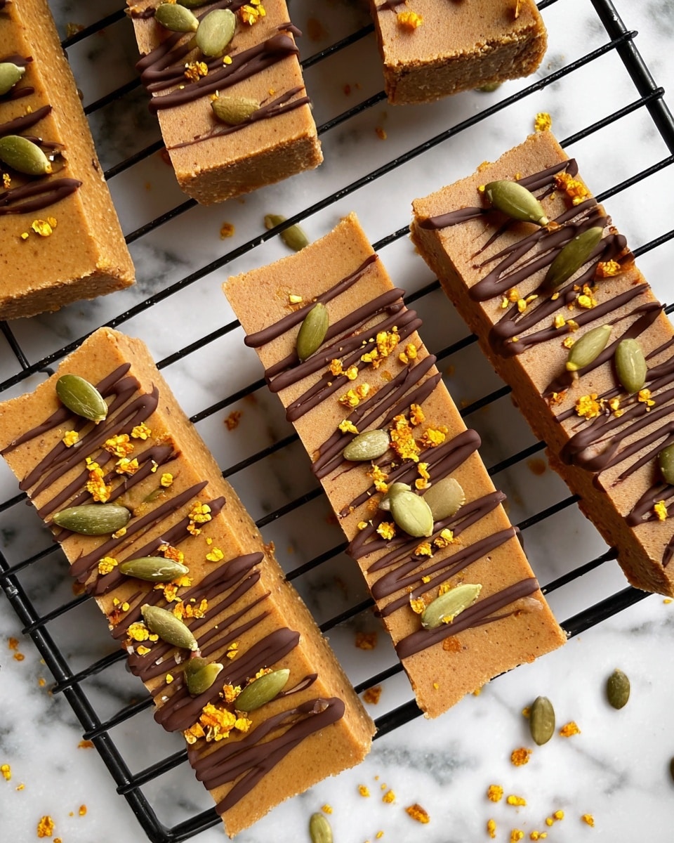 Several rectangular bars with a smooth, light brown base layer are arranged on a black wire rack placed on a white marbled surface. Each bar is decorated with thin, dark brown chocolate drizzles running lengthwise across the top. Scattered on top are green pumpkin seeds and small yellow-orange bee pollen granules, adding texture and contrast to the smooth surface. The bars have clean, sharp edges and a slightly crumbly texture visible on the sides. photo taken with an iphone --ar 4:5 --v 7