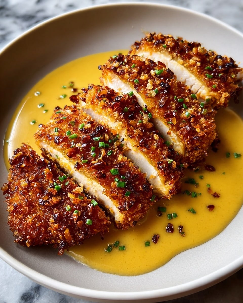 A white plate holds a sliced crispy breaded chicken cutlet with a rich golden brown crust studded with darker toasted bits, cut into five pieces arranged in a row. Beneath and partially covering the chicken is a smooth, thick yellow sauce pooling slightly on the plate. Small green herb bits are scattered on top of the sauce and chicken. The background surface is a white marbled texture. photo taken with an iphone --ar 4:5 --v 7