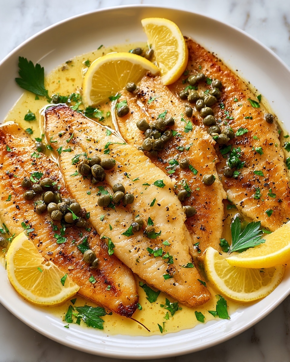The image shows four golden-brown fish fillets arranged in a slightly overlapping row on a white plate. The fillets have a crispy, lightly seared texture with small black pepper specks on top. They are covered in a light yellow sauce with visible capers scattered across and fresh chopped green parsley sprinkled evenly over the dish. Three lemon wedges, bright yellow and juicy looking, are placed around the edges of the plate. The plate sits on a white marbled surface. photo taken with an iphone --ar 4:5 --v 7