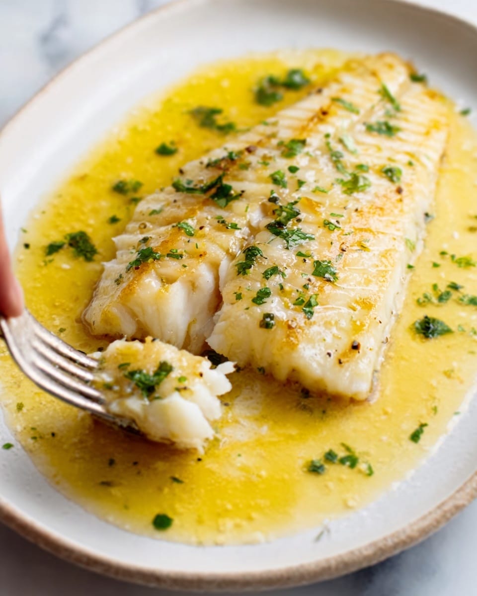 The image shows a white oval plate with a single cooked fish fillet in a golden-yellow sauce. The fish fillet has a light, flaky texture with delicate layers visible along the edges. It is topped with small green herb pieces, likely parsley, sprinkled evenly across the surface. The sauce pools around the base of the fillet, giving a glossy finish and reflecting light softly. At the bottom left of the plate, a silver fork lifts a small piece of the fish, held by a woman's hand. The plate sits on a white marbled surface. photo taken with an iphone --ar 4:5 --v 7