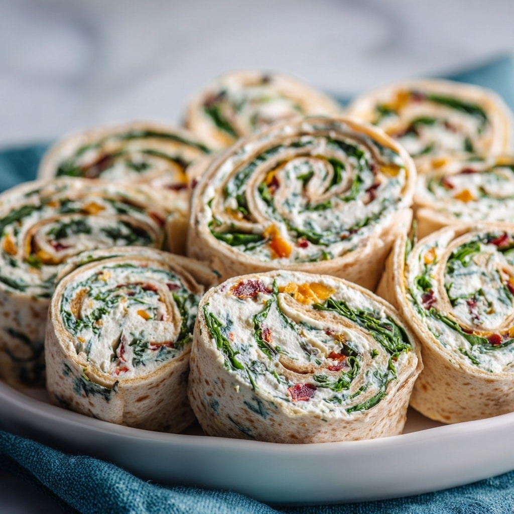 The image shows three tortilla pinwheel sandwiches on a white plate with two rolls in the back and one in the front. Each roll has visible layers including a light brown outer tortilla, a cream-colored spread, bright green spinach or leafy greens, and small pieces of red and orange vegetables or peppers, all tightly rolled together. In the background, there is a white plate filled with more pinwheels, slightly blurred, sitting on a blue and white checkered cloth, while the surface beneath is a white marbled texture. Photo taken with an iphone --ar 4:5 --v 7