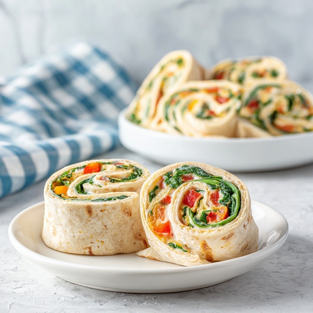 The image shows multiple pinwheel sandwich wraps neatly arranged in a white plate on a white marbled surface, with a blue cloth under the plate. Each wrap has three visible layers: the light brown tortilla on the outside, a creamy white spread layer mixed with finely chopped green leafy herbs and small red and orange bits inside, and a darker green leafy layer closer to the center. The wraps are sliced to reveal a spiral pattern of these layers, with a smooth texture on the creamy parts and a slightly wrinkled look on the tortilla. The photo focuses closely on the front wraps, showing the details clearly. Photo taken with an iphone --ar 4:5 --v 7