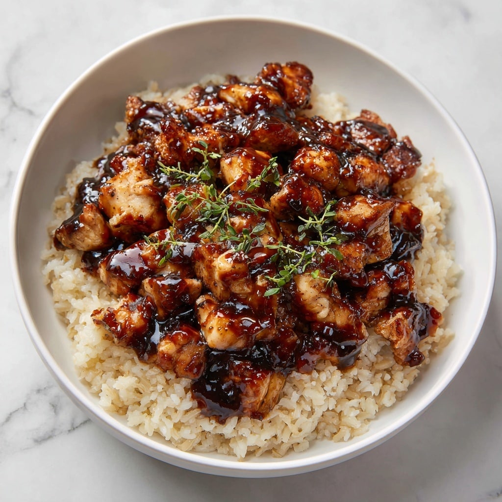A close-up view of a black pan filled with cooked white rice mixed with small browned chicken pieces, evenly spread across the top. The chicken pieces have a shiny brown glaze with slightly charred edges, contrasting with the fluffy, slightly oily rice underneath. The texture of the rice looks soft and slightly sticky, while the chicken pieces appear firm and juicy. The background shows a bit of a stovetop in soft focus, all set on a white marbled surface. photo taken with an iphone --ar 4:5 --v 7