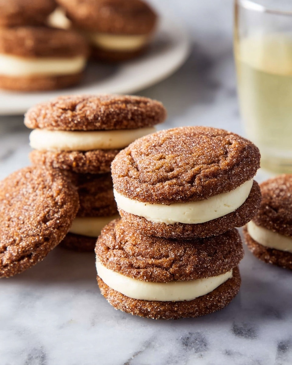 Two sandwich cookies with a deep brown color and coarse sugar crystals on the top layer sit on a white rectangular plate. Each cookie has two round, soft-textured cookie layers with a thick, smooth white cream filling in the middle. The cookies are placed on a white marbled surface with a light yellow, blurred jar in the background. Photo taken with an iphone --ar 4:5 --v 7