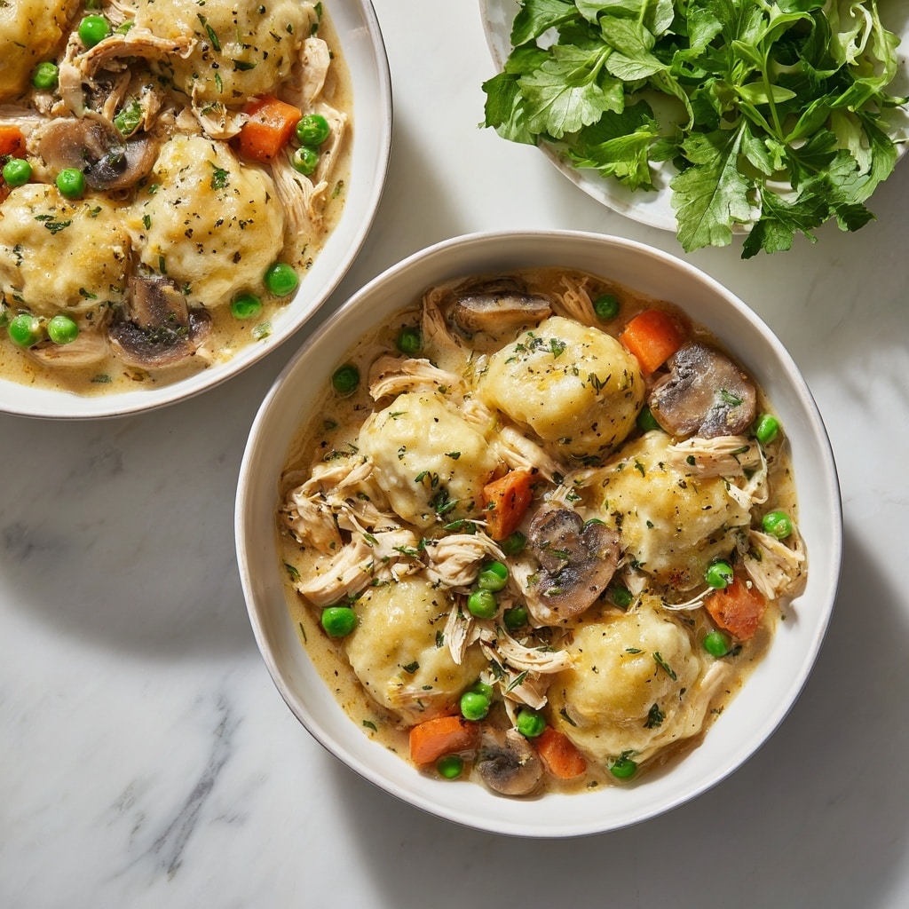 A close-up view of a bowl filled with creamy chicken and dumplings. The dish has several layers: soft, golden dumplings on top, mixed with shredded chicken pieces, sliced brown mushrooms, bright green peas, and small orange carrot slices, all coated in rich, light brown creamy gravy with herbs sprinkled throughout. The bowl is white and set on a white marbled surface with fresh green leafy salad in the background. Photo taken with an iphone --ar 4:5 --v 7
