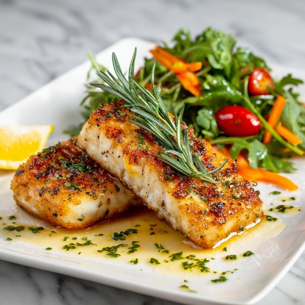 A grilled piece of fish with a golden brown crust is placed in the center of a white plate. The fish has visible grill marks and a light sprinkling of green herbs on top, with a fresh sprig of rosemary resting diagonally on it. To the side, there is a small pile of green leafy salad with a few bright red cherry tomatoes and thin orange carrot slices visible. A wedge of lemon with a vibrant yellow color is positioned near the fish. Some drops of oil and scattered herbs are on the plate around the fish, all set against a white marbled texture. photo taken with an iphone --ar 4:5 --v 7