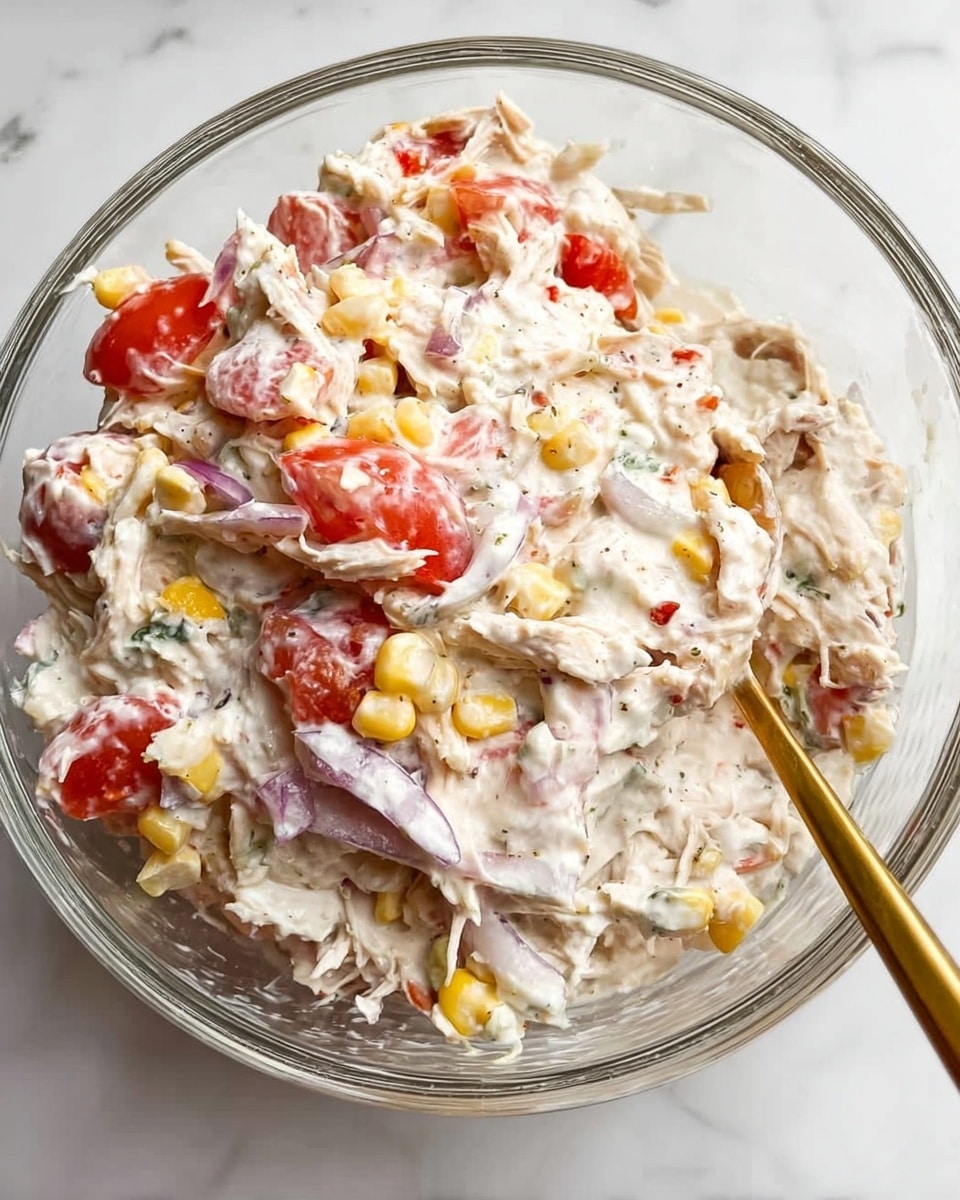 A clear glass bowl filled with a creamy mixed salad showing three main visible layers: at the base, shredded white chicken, topped by diced bright red tomatoes and yellow corn kernels, all coated in a thick white creamy dressing with visible small bits of herbs and thin slices of red onion folded in. A golden spoon is partly submerged in the mixture, resting near the edge of the bowl. The bowl sits on a white marbled surface. photo taken with an iphone --ar 4:5 --v 7