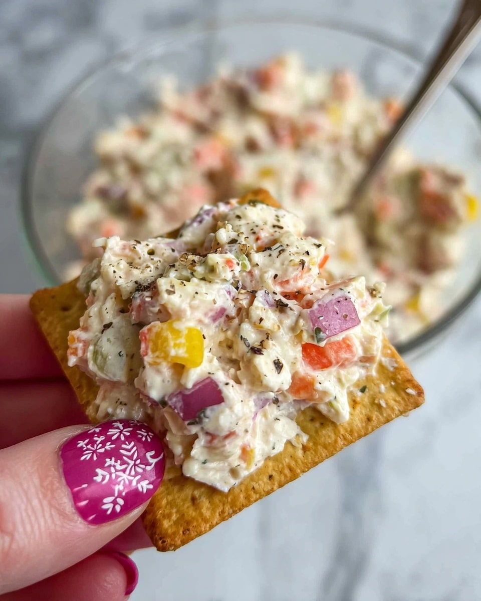 A close-up view of a square golden brown cracker topped thickly with a creamy salad mixture that has visible pieces of white cottage cheese, small chunks of bright orange carrots, diced red onions, and yellow pepper pieces. The salad is sprinkled with coarse black pepper, adding texture and color contrast. The topping looks soft and chunky with some moisture. In the blurred background is a clear glass bowl filled with more of the same creamy salad, with a silver spoon sticking out. A woman's hand with pink nail polish decorated with small white snowflake patterns is holding the cracker delicately. The scene is set on a white marbled surface. photo taken with an iphone --ar 4:5 --v 7