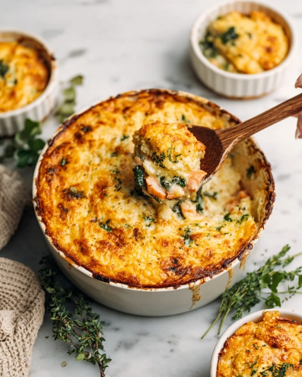 The image shows a white round dish filled with shrimp pot pie topped with a thick golden brown crust that looks crispy and slightly uneven. The crust is the top layer, sprinkled with small bits of green herbs. Below the crust, bright green peas and pink shrimp pieces are visible in a creamy sauce layer. A spoon with a silver handle lifts a scoop from the dish, displaying the layers of crust, shrimp, peas, and sauce clearly. The dish is set on a white marbled surface, adding a clean, bright background to the warm colors of the food. Photo taken with an iphone --ar 4:5 --v 7