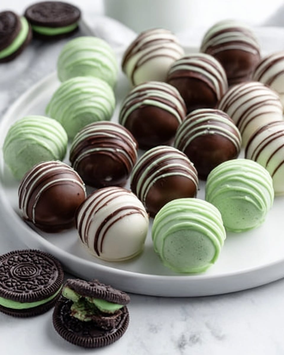 A white plate on a white marbled surface holds three rows of round truffles with smooth, shiny surfaces. The front row features dark brown truffles with darker chocolate stripes running over the top. Behind them are white truffles decorated with thin dark chocolate stripes. The back row has light green truffles with similar dark chocolate stripes. Some Oreo cookies with green filling are placed in front of the plate. The scene looks bright, clean, and inviting. Photo taken with an iphone --ar 4:5 --v 7