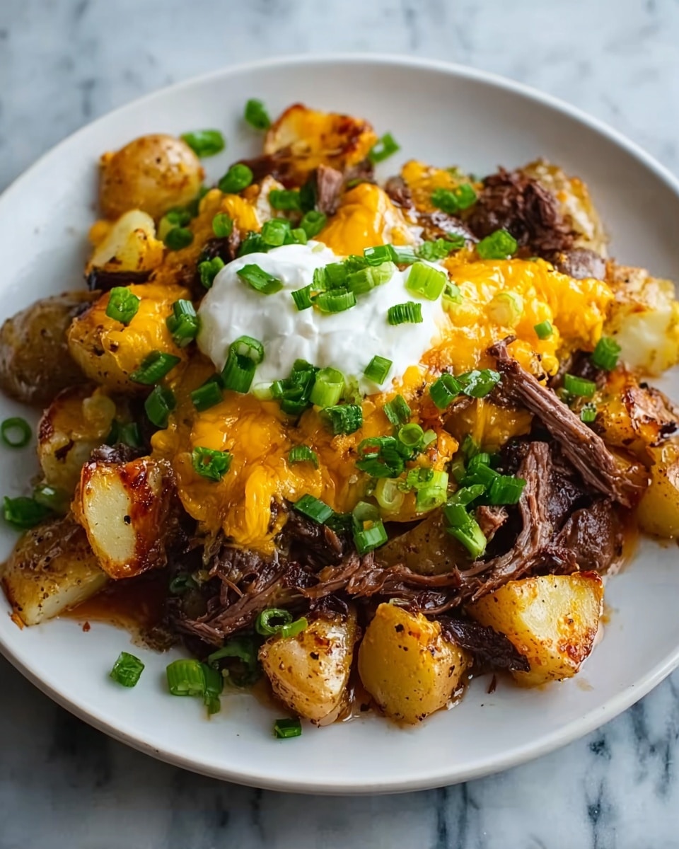 The dish shows a bowl filled with several layers starting with brown roasted potato chunks at the bottom, speckled with pepper and small bits of onion. On top, there are pieces of tender, shredded beef with a cooked texture, glossy from juices. Bright yellow melted cheese drips over some beef and potatoes, adding smoothness to the rough textures below. Scattered across the dish are finely chopped green onions, adding fresh green color and a bit of crunch. The bowl is black, placed on a white marbled surface. photo taken with an iphone --ar 4:5 --v 7