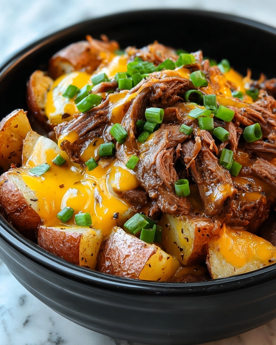 The image shows a dish on a white plate with several layers. The bottom layer is made of small, roasted potato pieces that are golden brown with some darker roasted spots. Mixed with the potatoes are chunks of tender, cooked beef that are dark brown. On top of this is a layer of melted yellow cheddar cheese, which looks smooth and soft. Above the cheese is a dollop of white sour cream, thick and creamy in texture. The whole dish is sprinkled with chopped green onions, adding bright green color and freshness. The plate sits on a white marbled surface. photo taken with an iphone --ar 4:5 --v 7