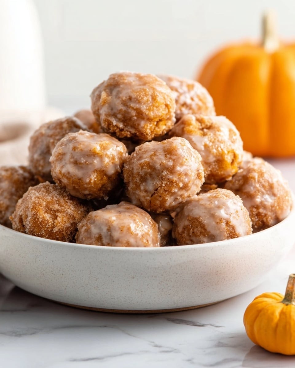 A close-up view of a woman's hand holding a half-eaten small round muffin with a golden brown, moist, and slightly crumbly texture inside, topped with a thin white glaze that lightly covers the top edge; in the blurred background, a white bowl filled with similar glazed muffins is placed on a white marbled surface, and soft orange pumpkins add a touch of warm color. Photo taken with an iphone --ar 4:5 --v 7