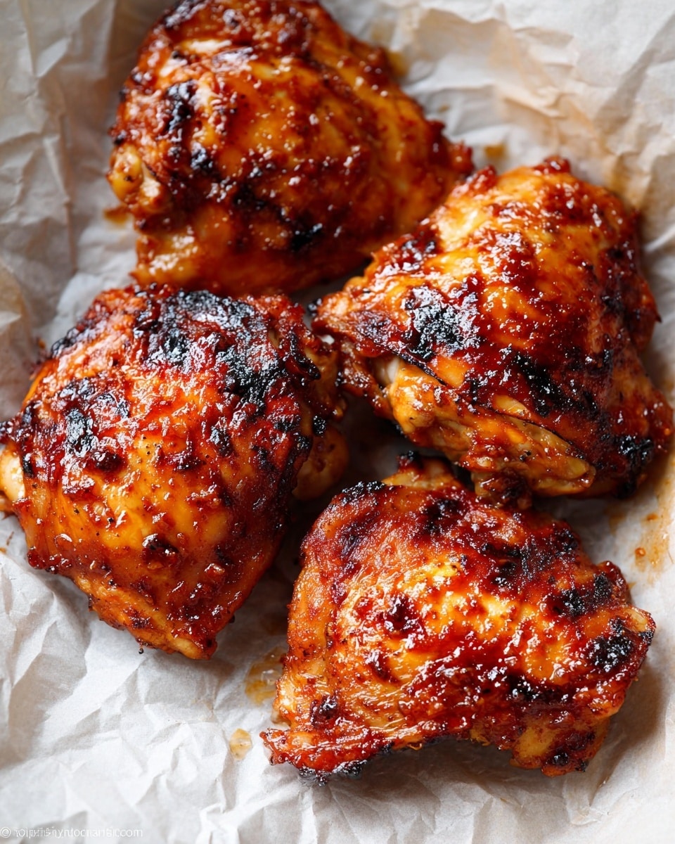 The image shows a white plate filled with several pieces of grilled chicken, all nicely browned with some charred edges. The chicken pieces have a glossy, sticky glaze with a reddish-brown color, and some parts show a darker, smoky texture. Small green herbs are sprinkled lightly over the chicken, adding a fresh contrast to the rich color of the meat. The pieces are arranged casually but closely together, showing different shapes and sizes, with some cut to reveal the moist inside. Photo taken with an iphone --ar 4:5 --v 7