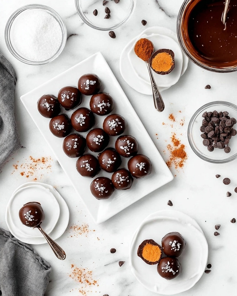 The image shows three round chocolate-covered balls placed on a small white plate with a slightly scalloped edge. One ball is cut in half and positioned in the front center, revealing a dense, golden-orange inside with a slightly crumbly texture. The chocolate coating is smooth, dark brown, and has small flakes of sea salt sprinkled on top. The plate sits on a white marbled surface with some chocolate crumbs scattered around. The background is softly blurred, showing more chocolate balls out of focus. photo taken with an iphone --ar 4:5 --v 7