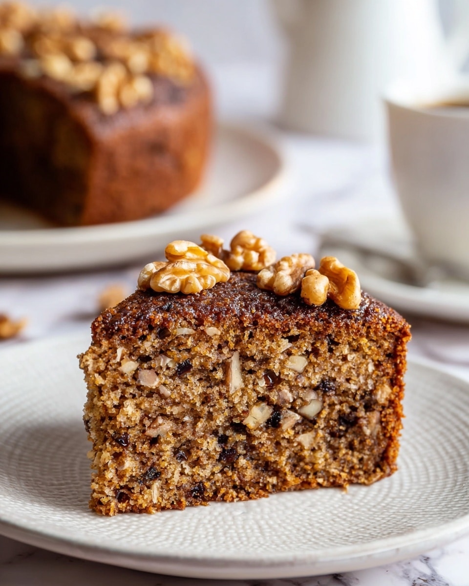 A round, thick cake with a moist, crumbly texture is cut to show its inside, filled with dark raisins and chunks of nuts. The outside crust is dark brown and slightly crispy. The top is covered with a shiny caramel sauce that drips down the sides, and it is decorated with whole walnuts and small pieces of bright orange peel. The cake sits on a white plate, placed on a white marbled textured surface. Photo taken with an iphone --ar 4:5 --v 7