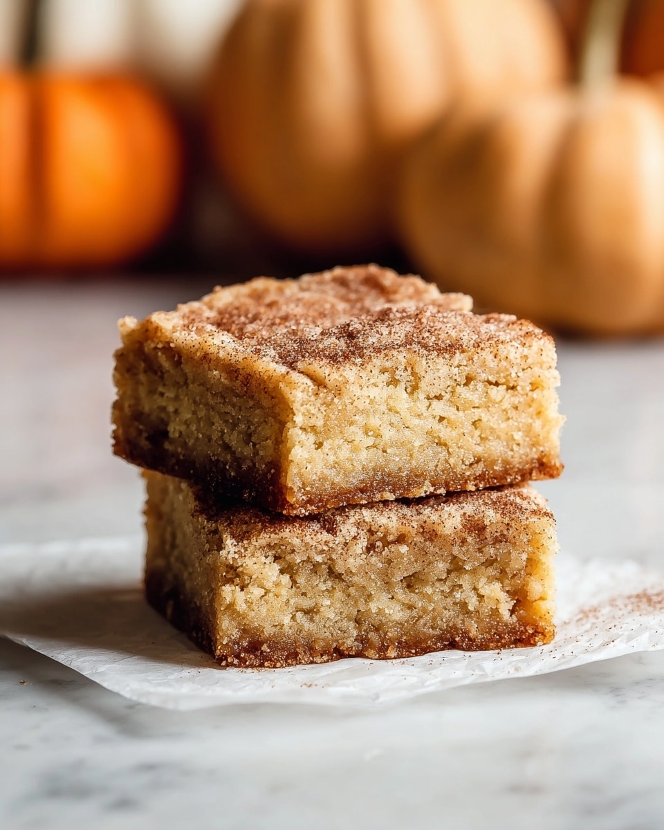 Two square cake bars are stacked on top of each other on a piece of white parchment paper, resting on a white marbled surface. Each bar has a crumbly, golden-brown texture with a slightly crunchy top layer sprinkled with a fine dusting of sugar and cinnamon. The inside of the bars looks soft and moist with a slightly grainy texture. In the blurred background, there are pale orange pumpkins. Photo taken with an iphone --ar 4:5 --v 7