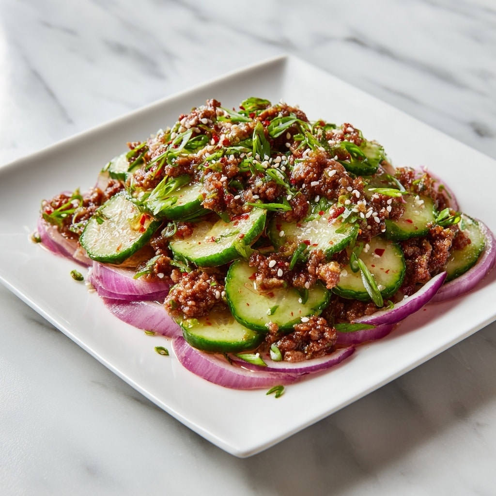 The dish is served on a white square plate placed on a white marbled surface. It has three main layers: the bottom layer is made of thinly sliced pinkish-red onions arranged loosely across the plate; the middle layer consists of bright green cucumber slices scattered evenly on top of the onions; and the top layer features cooked, crumbled brown meat spread all over. The meat is garnished with white sesame seeds, small chopped green onions, and red chili flakes, adding texture and color contrast. photo taken with an iphone --ar 4:5 --v 7