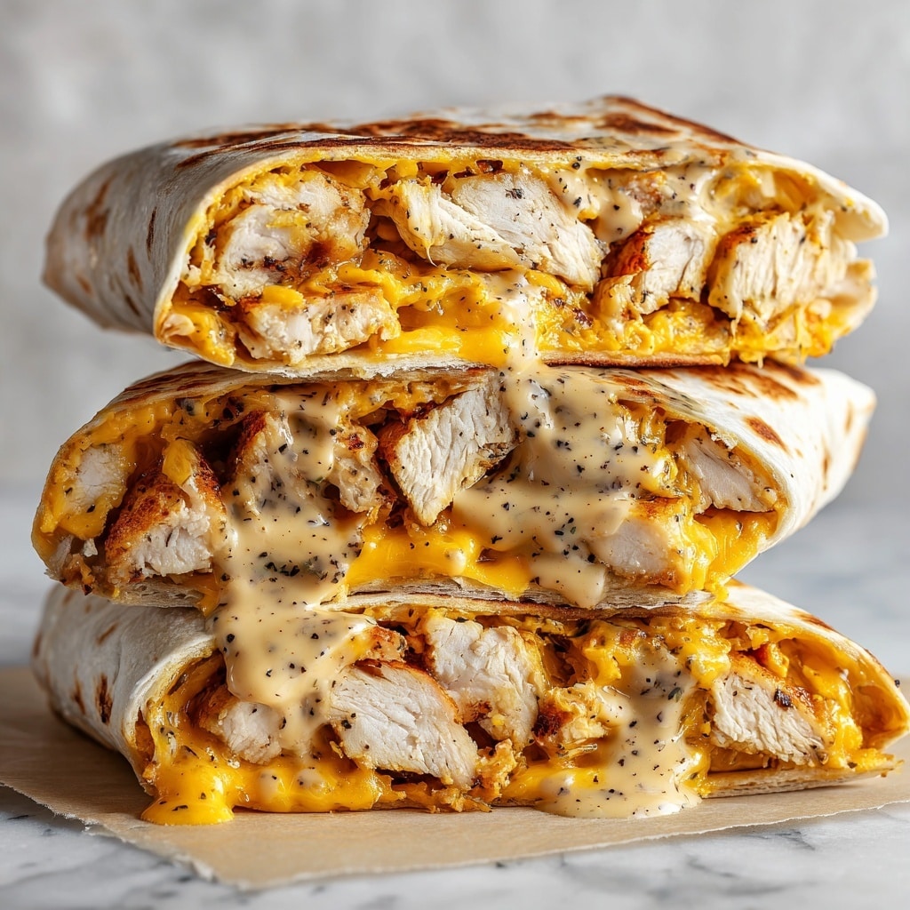 The image shows two thick wraps cut in half and stacked on top of each other on a piece of flatbread. Each wrap has a soft, white, slightly toasted tortilla on the outside. Inside, there are several layers: a base of golden brown grilled chicken pieces, topped with a thick yellow-orange melted cheese layer, and covered by creamy, light beige sauce with black pepper sprinkled on top. The wraps appear warm and gooey with the sauce slowly dripping down. The background surface is a white marbled texture. Photo taken with an iphone --ar 4:5 --v 7