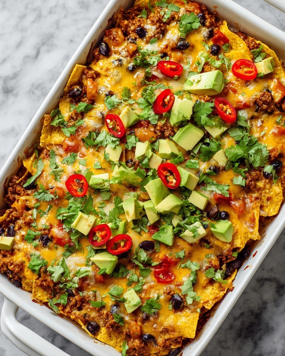 The image shows a white rectangular casserole dish filled with nachos layered in three parts: the bottom layer has crispy yellow tortilla chips, the middle layer is covered with melted golden-yellow and light orange cheese mixed with black beans and cooked ground beef, and the top layer is garnished with fresh green chopped cilantro, small diced green avocado pieces, and thin slices of bright red chili peppers. The dish rests on a white marbled surface. Photo taken with an iphone --ar 4:5 --v 7