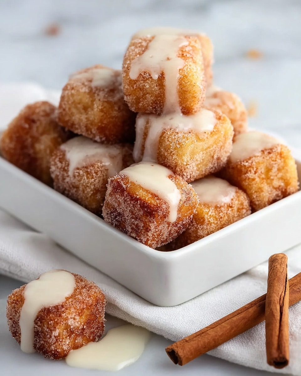 A white square bowl filled with small, golden brown square pieces of fried dough coated in sugar, each piece topped with a small amount of white icing that looks slightly melted. The dough pieces have a crispy texture with sugar crystals visible on the surface. The bowl sits on a white marbled surface, and there are two cinnamon sticks placed nearby, adding a warm touch to the scene. photo taken with an iphone --ar 4:5 --v 7