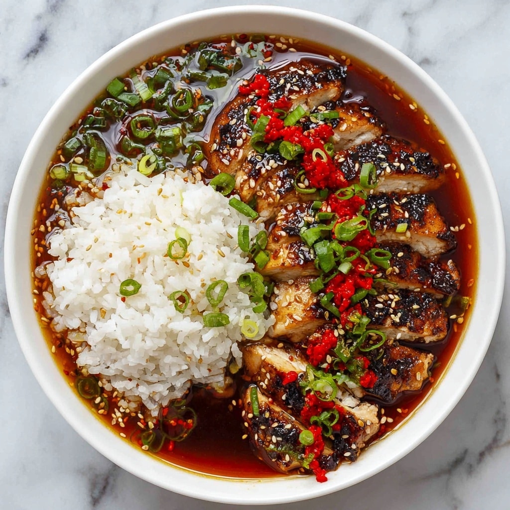 A white bowl filled with three main layers: at the bottom is a pool of dark, glossy broth with small oil droplets, above that is a layer of white rice that looks soft and moist on one side, and on top are several thick slices of dark brown, grilled chicken with a shiny glaze and charred spots. Fresh green chopped scallions and some finely chopped herbs are sprinkled on top of the chicken and rice, adding bright green color and texture contrast. The dish looks warm and rich in flavor, set against a white marbled surface. photo taken with an iphone --ar 4:5 --v 7