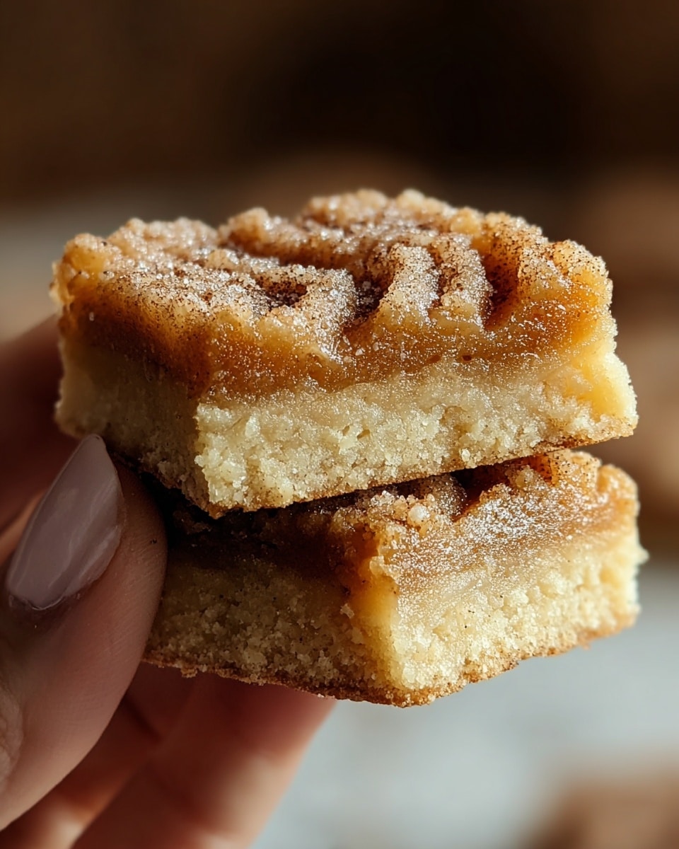 The image shows two square pieces of light golden brown cake stacked on top of each other. Each piece has a slightly crispy, darker brown crust on the top and bottom, with a soft, moist, and dense inside that looks pale beige. A thin layer of powdered sugar dusts the top piece, adding a light white contrast. The background and surface have a white marbled texture with a few more pieces of the cake blurred softly in the distance, creating depth. The scene feels warm and inviting with a close-up focus on the texture of the cakes. photo taken with an iphone --ar 4:5 --v 7