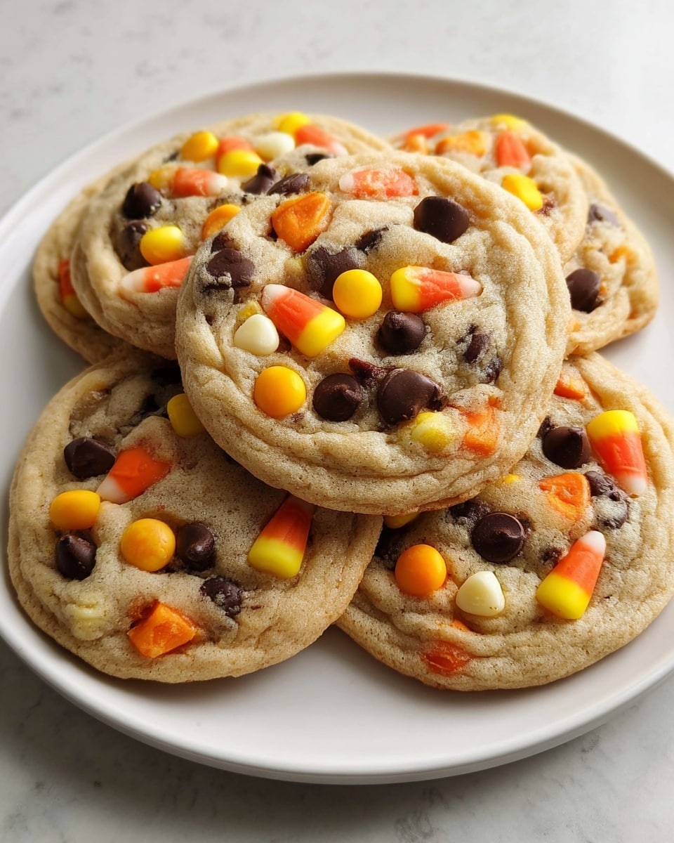 A white plate holds a stack of five round cookies, each cookie featuring a light golden-brown base with a slightly textured surface. The cookies are embedded with colorful candy corn pieces showing yellow, orange, and white layers, along with dark brown chocolate chips scattered throughout. The cookies overlap each other naturally, with some edges slightly raised, giving a sense of depth and softness. The plate is placed on a white marbled surface that adds a clean and bright background to the image. photo taken with an iphone --ar 4:5 --v 7