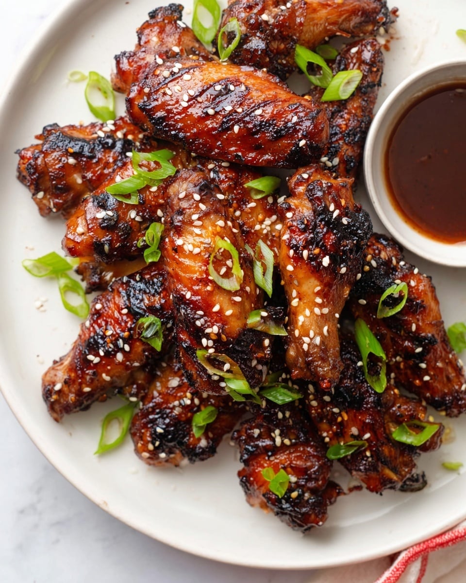 A close-up of a white plate filled with several golden brown chicken wings that have a shiny, sticky glaze. Each wing is covered with charred spots giving a crispy texture and some visible sesame seeds sprinkled on top. The lighting highlights the glossy surface of the wings, emphasizing the rich color and slight caramelization. The plate sits on a white marbled texture. photo taken with an iphone --ar 4:5 --v 7