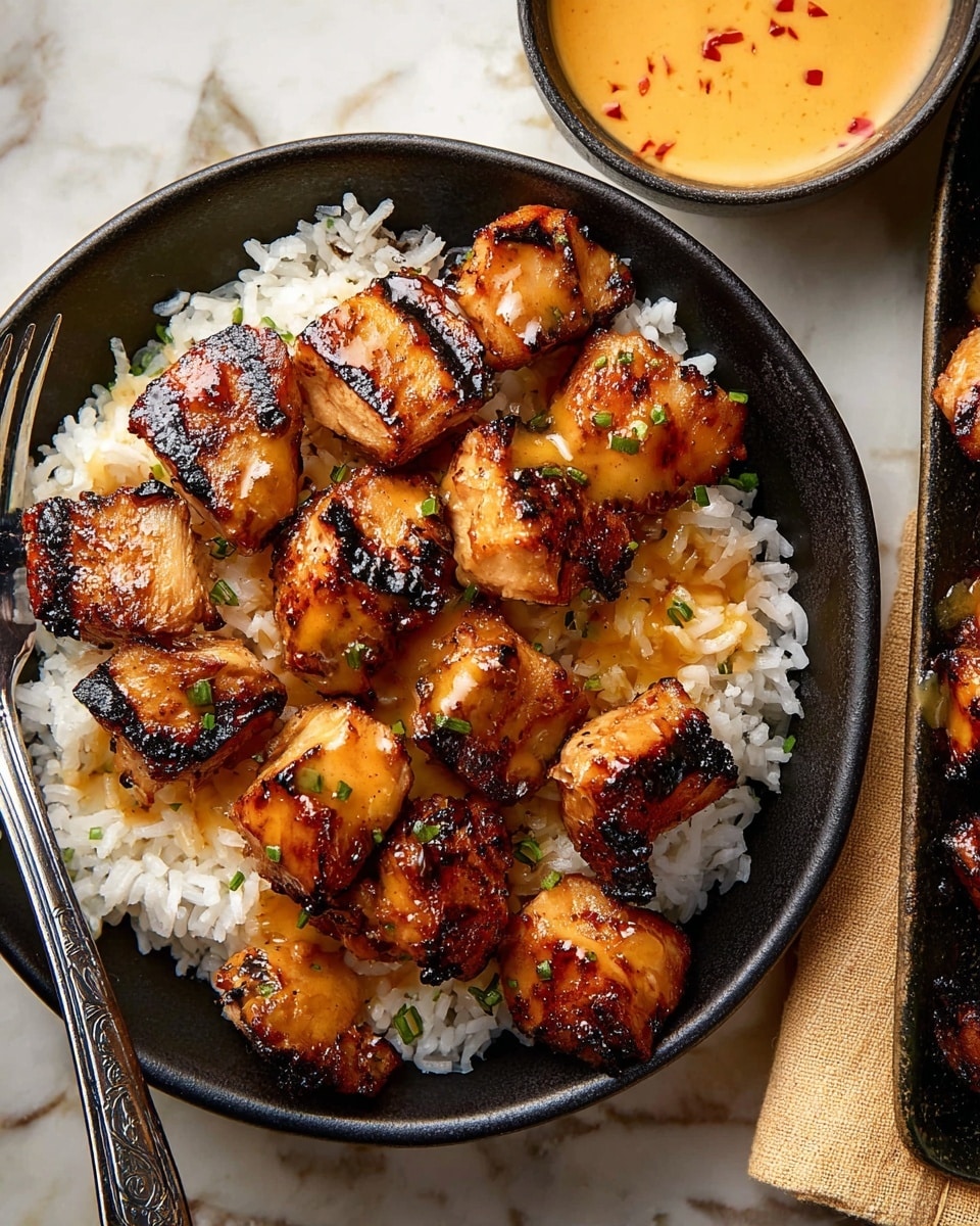 The image shows a black round bowl filled with white fluffy rice as the base layer, topped with a generous layer of glazed grilled chicken pieces that are golden brown with charred edges and shiny with sauce. The chicken pieces have a slightly sticky texture and are sprinkled with small bits of green herbs. Next to the bowl is a small round cup filled with a creamy orange-colored dipping sauce with small red specks in it. The setting sits on a white marbled surface with part of a foil fork visible on the left side and a beige napkin on the right. Photo taken with an iphone --ar 4:5 --v 7