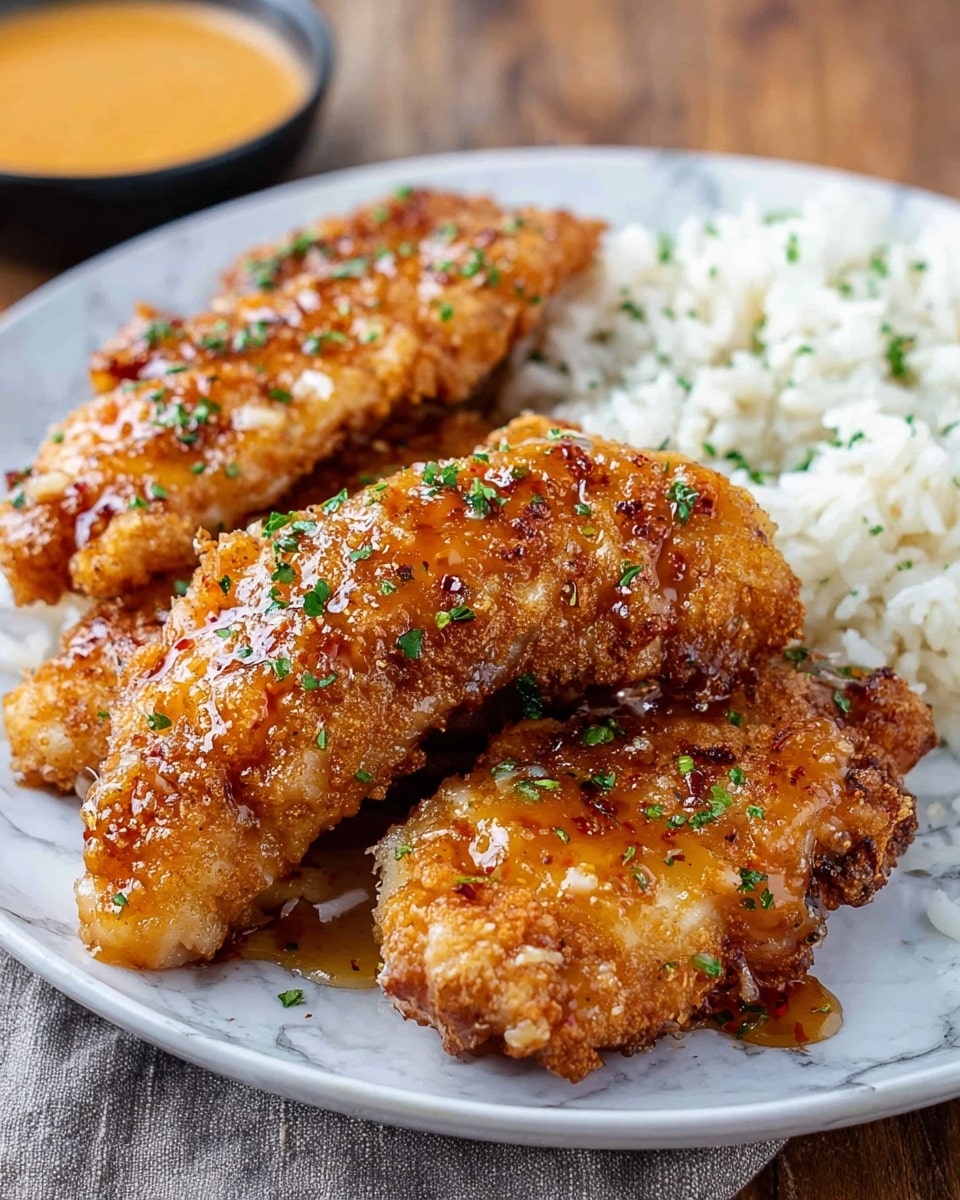 A close-up shot shows a woman's hand holding a golden brown fried chicken wing coated in a shiny, sticky glaze with small green herb bits on top. The wing is being dipped into a small container filled with a creamy, light orange dipping sauce. The wings rest on a metal tray with more wings visible in the background. The image is set on a white marbled surface. Photo taken with an iphone --ar 4:5 --v 7