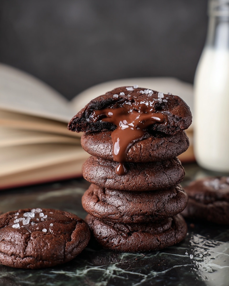 A white plate holds a stack of four round chocolate cookies, each cracked on top with melted chocolate filling the cracks and sprinkled with small flakes of salt. The cookies have a rough, slightly cracked texture with a deep brown color. Below the plate, to the right, is a folded gray and white striped cloth on a white marbled surface. In the blurry background, a small white bowl contains melted chocolate and is placed near wooden spoons. Photo taken with an iphone --ar 4:5 --v 7