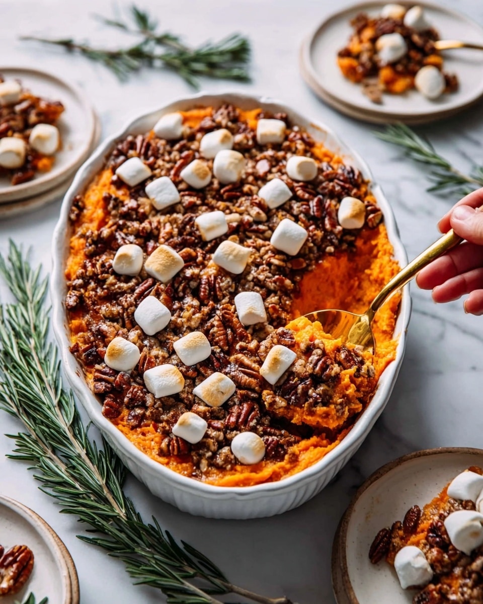 An oval black cast iron pan filled with a sweet potato casserole showing three main layers: the bottom layer is soft, chunky, bright orange sweet potatoes; the middle layer has golden toasted marshmallows melting and stretching across the top; the top layer is covered with whole, shiny, brown pecans scattered evenly. A gold spoon is scooping some from the right side, lifting a mix of all three layers. The white marbled background shows a sprig of green rosemary on the bottom left and a small dark fluted bowl with more rosemary on the top right, with a pale cloth loosely placed near the pan’s handle. Photo taken with an iphone --ar 4:5 --v 7