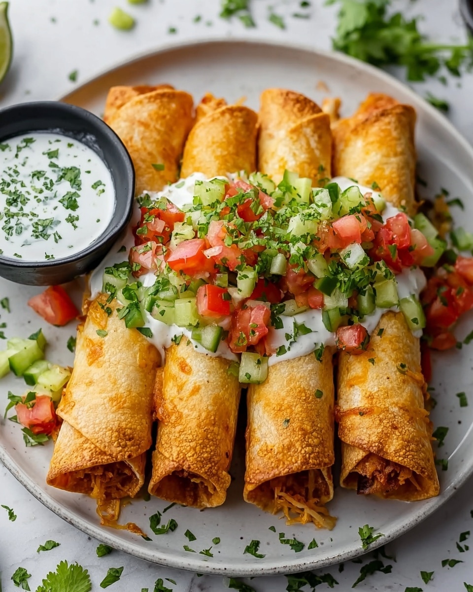 A round white plate holds a stack of eight golden brown rolled taquitos filled with shredded chicken, arranged in two layers of four. The taquitos have a crispy texture and are topped with a drizzle of white sour cream sauce, small chunks of green guacamole, finely chopped red tomatoes, diced white onions, and scattered green cilantro leaves. Around the plate and blurred in the background, there are white bowls with fresh salsa and guacamole. The surface is a white marbled texture. photo taken with an iphone --ar 4:5 --v 7