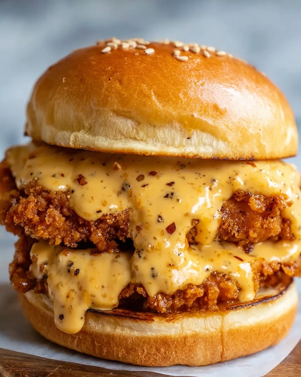 A close-up view of a sandwich with three main layers: the top and bottom are soft, light brown sandwich buns with a slightly shiny, smooth texture, and sesame seeds sprinkled on the top bun. Between the buns is a crispy, golden-brown fried chicken patty with a crunchy texture. Over the chicken, there is a thick layer of creamy sauce, yellowish-orange in color with visible black pepper flakes and small bits, dripping slightly over the sides of the chicken, giving it a rich, flavorful look. The sandwich is set against a white marbled surface. photo taken with an iphone --ar 4:5 --v 7
