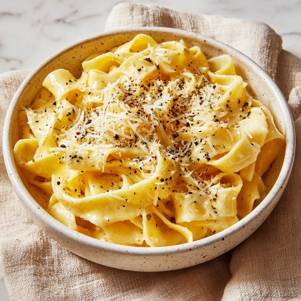 A close-up of a white bowl with a brown rim filled with flat, wide yellow pasta noodles arranged in a loose mound. The pasta is sprinkled with grated white cheese and small bits of fresh green parsley scattered on top. A silver fork rests partly inside the bowl on the right side, with some noodles under its prongs. The bowl sits on a white marbled textured surface. photo taken with an iphone --ar 4:5 --v 7
