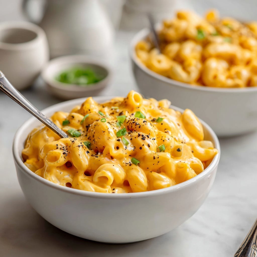 A close-up view of a bowl filled with creamy macaroni and cheese, showing soft, elbow-shaped pasta covered in a smooth, rich, orange-yellow cheese sauce. The bowl is white and round with a spoon resting inside, coated with the cheesy mixture. Small pieces of green onion are sprinkled on top, adding a touch of green color and texture. There are also tiny black pepper specks scattered across the surface. The bowl is set on a white marbled surface with blurred white bowls and small dishes in the background. photo taken with an iphone --ar 4:5 --v 7