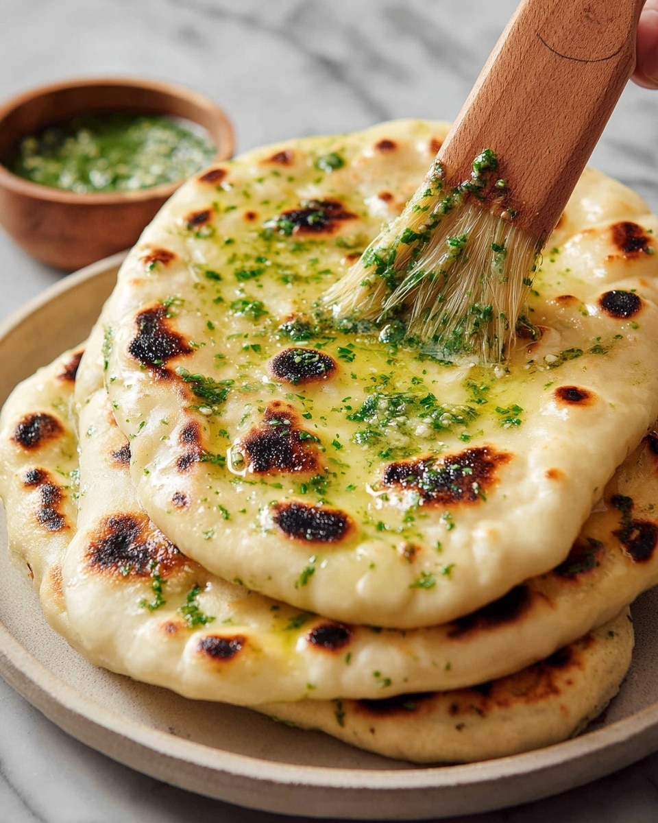 A basket lined with a striped cloth holds several pieces of naan bread stacked unevenly. Each naan is golden beige with round, darker brown spots showing where it has been cooked, slightly puffy with a soft texture. Fresh chopped green herbs, probably cilantro, are sprinkled all over the surface of the bread, adding contrast to the warm tones. The basket sits on a white marbled surface next to whole garlic bulbs and scattered garlic cloves. photo taken with an iphone --ar 4:5 --v 7