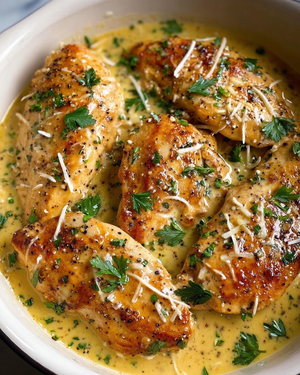 The image shows five pieces of golden brown cooked chicken breasts arranged closely together in a white dish filled with a creamy light yellow sauce. The chicken has a slightly shiny, glazed texture with small black pepper specks on top. Fresh green parsley leaves and sprinkles of white shredded cheese are scattered over the chicken and sauce, adding a fresh color contrast. The dish sits on a white marbled surface. photo taken with an iphone --ar 4:5 --v 7