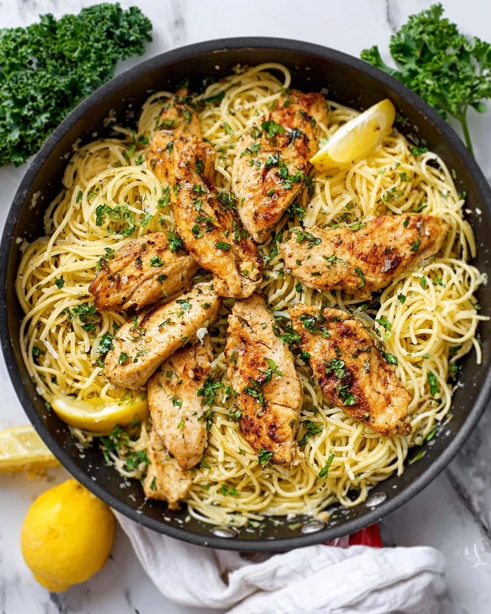 A round black pan filled with a base layer of thin yellow spaghetti, topped with several golden brown pieces of cooked chicken arranged in a circle. Small green herb pieces are scattered over the chicken and pasta, and slices of light yellow lemon are partially visible under the noodles. The pan rests on a white marbled surface, with a white cloth and a few green kale leaves nearby. Photo taken with an iphone --ar 4:5 --v 7