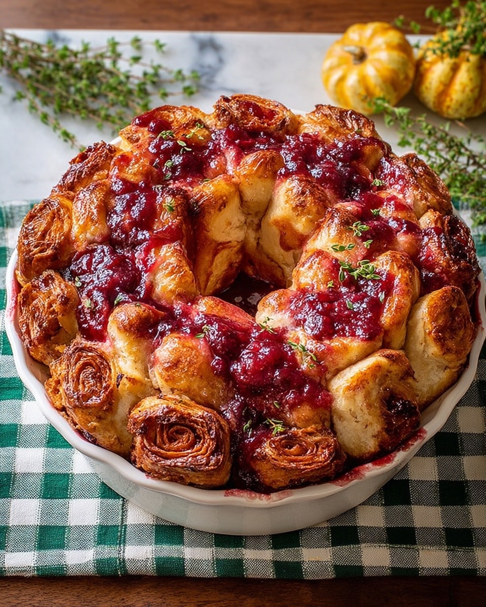 The image shows a round bundt pan filled with small pieces of pale dough arranged unevenly throughout, with chunks of white cheese with soft edges scattered on top and between the dough pieces. Bright red jam is dolloped around and on the dough and cheese, adding color contrast. Below the bundt pan is a white bowl filled with a pale yellow liquid. The scene is set on a white marbled surface, enhancing the colors of the ingredients. photo taken with an iphone --ar 4:5 --v 7