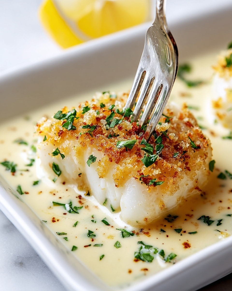 A close-up of a white rectangular dish featuring a piece of cooked white fish with a golden-brown, crispy topping sprinkled with finely chopped green herbs. The fish sits in a light cream sauce that covers the base of the dish, dotted with small pieces of herbs. A silver fork is gently pressing into the fish from the top right, and a wedge of lemon is partially visible in the background on the left side. The dish is shown on a white marbled surface. photo taken with an iphone --ar 4:5 --v 7