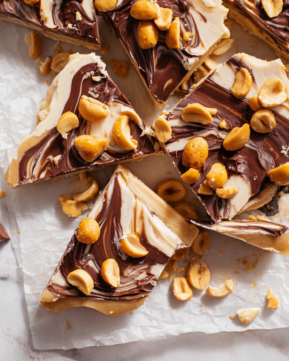 This image shows several pieces of a layered treat broken into irregular shapes on white parchment paper. The bottom layer is creamy white with a smooth, slightly textured surface, topped by a second layer of dark and milk chocolate swirled together in random patterns. Scattered on top of the chocolate layer are whole and halved golden brown peanuts, adding a crunchy texture and contrast. The edges of the pieces are uneven, showing the thickness of the layers clearly. The whole setup rests on a white marbled surface. photo taken with an iphone --ar 4:5 --v 7