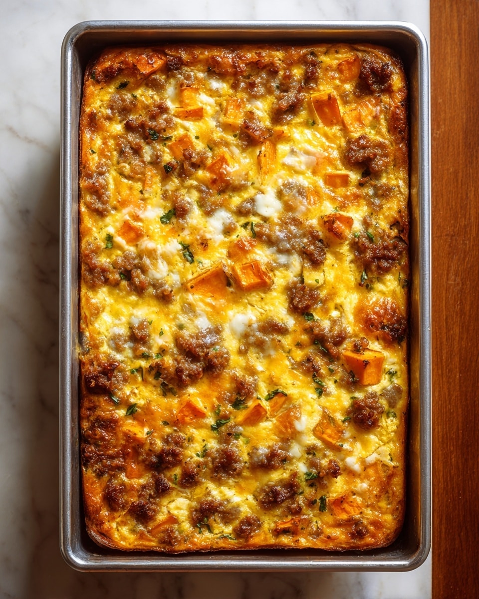 A rectangular metal baking tray filled with a golden brown casserole showing a slightly crispy top layer with patches of melted cheese and browned crumbled sausage. The casserole has visible chunks of orange sweet potato scattered throughout, mixed with soft, creamy egg layers containing small bits of green herbs and vegetables. The surface looks textured and slightly bubbly with a home-cooked, hearty appearance. The tray rests on a white marbled surface. photo taken with an iphone --ar 4:5 --v 7