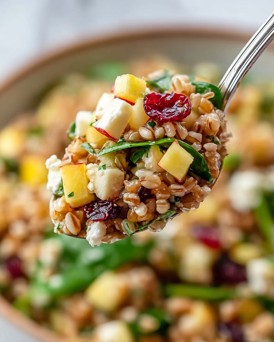 A clear glass bowl filled with a layered salad featuring a base of green leafy arugula, topped with cooked farro grains that are light brown and slightly glossy. Mixed evenly throughout are bright yellow and pale green chunks of fruit, likely pear or apple, alongside small pieces of cucumber. Scattered on top are thin, pale beige almond slices and whole dried red cranberries, adding pops of color and texture. Small bits of white cheese and green herbs are mixed throughout the salad, all sitting on a white marbled surface with a green and white checkered cloth partially visible beside the bowl. photo taken with an iphone --ar 4:5 --v 7