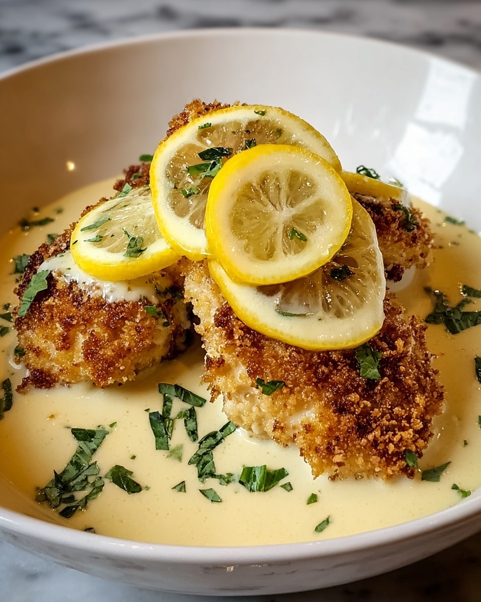 Two pieces of golden-brown breaded chicken sit on a white plate. The chicken is covered with a creamy yellow sauce that smooths over the crispy crust, with small green herb bits sprinkled on top. Each piece of chicken is topped with a bright yellow lemon wedge. The sauce pools around the chicken, adding a shiny texture. The background has a white marbled texture. photo taken with an iphone --ar 4:5 --v 7